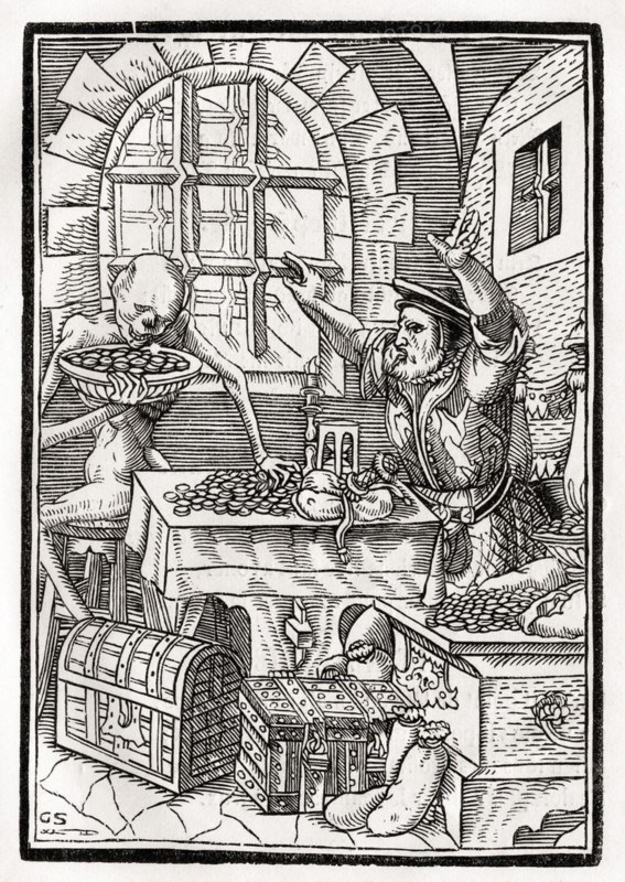 Der Tod kommt zum Geizigen oder Wucherer Woodcut by Georg Scharffenberg after Hans Holbein the Younger from Der Todten Tanz, published in Basel 1843, Death comes to the Miser or Usurer Woodcut by Georg Scharffenberg after Hans Holbein the Younger From Der Todten Tanz or The Dance of Death published Basel 1843, Historic, digitally restored reproduction from a 19th century original, Record date not stated