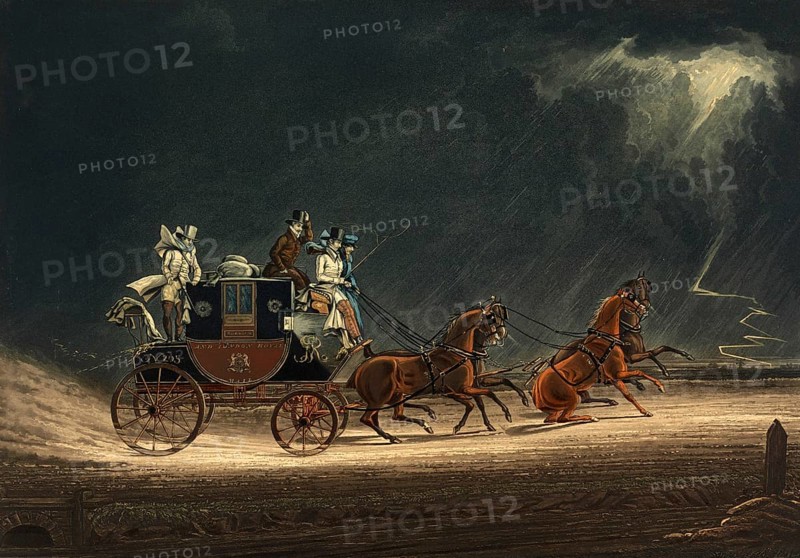 The stagecoach in a thunderstorm on Newmarket Heath, 1850, England, Historical, digitally restored reproduction from a 19th century original, Record date not stated