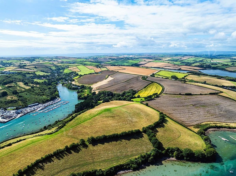 Salcombe and Mill Bay over Kingsbridge Estuary from a drone, Batson Creek, Southpool Creek, Devon, England, United Kingdom, Europe