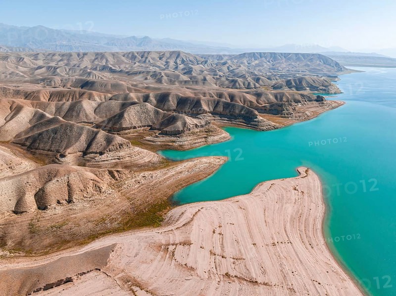 Barren landscape, aerial view, erosion landscape with canyons on the Naryn River, Toktogul Reservoir, Kyrgyzstan, Asia