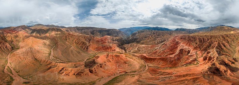 Panorama, Eroded mountain landscape, Canyon with red and orange rock formations, Aerial view, Konorchek Canyon, Chuy, Kyrgyzstan, Asia