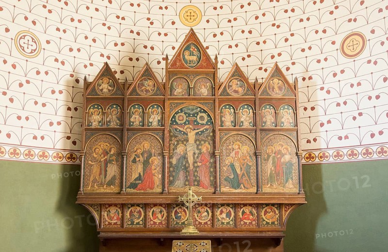 Reredos inside Church of Saint Peter, Manningford Bruce, Vale of Pewsey, Wiltshire, England, UK