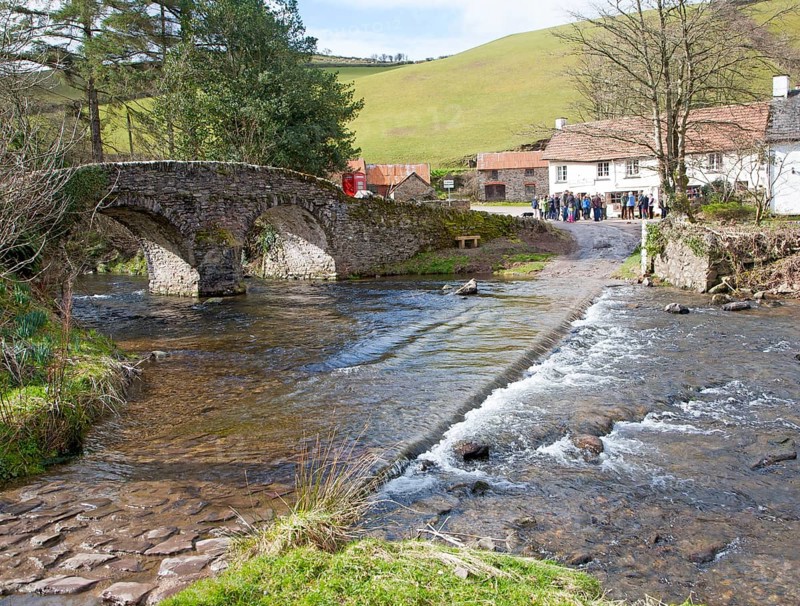 Bridge over Badgworthy Water river, Lorna Doone Farm, Malmsmead, Exmoor national park, Devon, England, United Kingdom, Europe