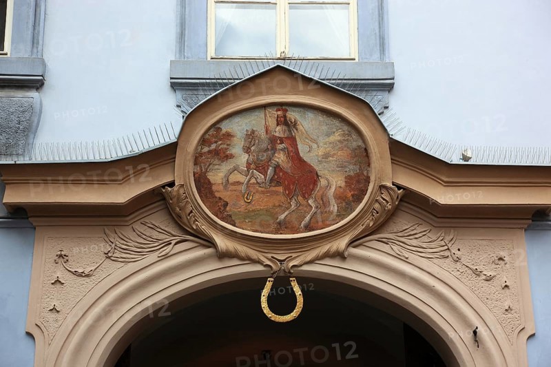 Old historical portrait above an entrance in the Lesser Town district of Prague, Prague, Czech Republic, Europe