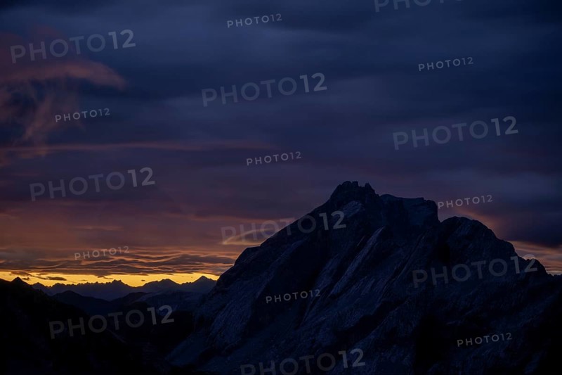 Montafon mountains with dramatic cloudy sky at sunrise, Tschagguns, Rätikon, Montafon, Vorarlberg, Austria, Europe