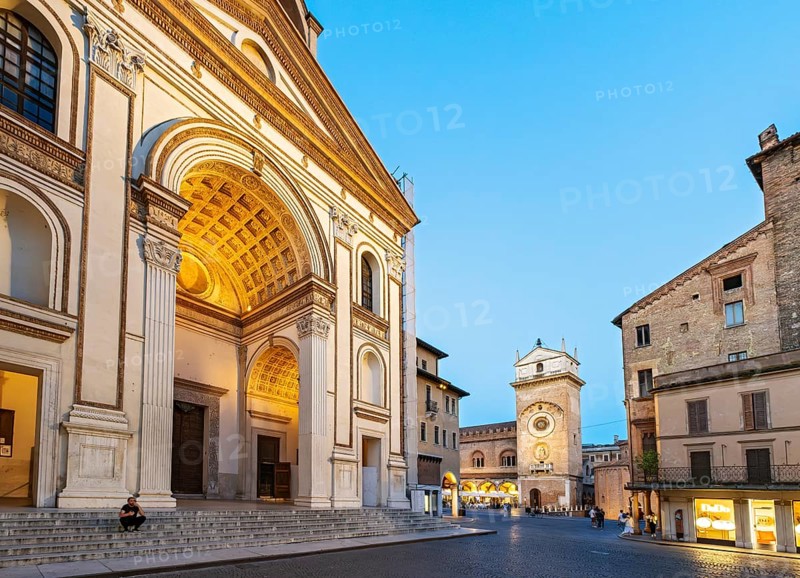 Night-time view of Basilica of Sant'Andrea and Torre Dell'Orologio, Mantua, Mantova, Italy, Europe