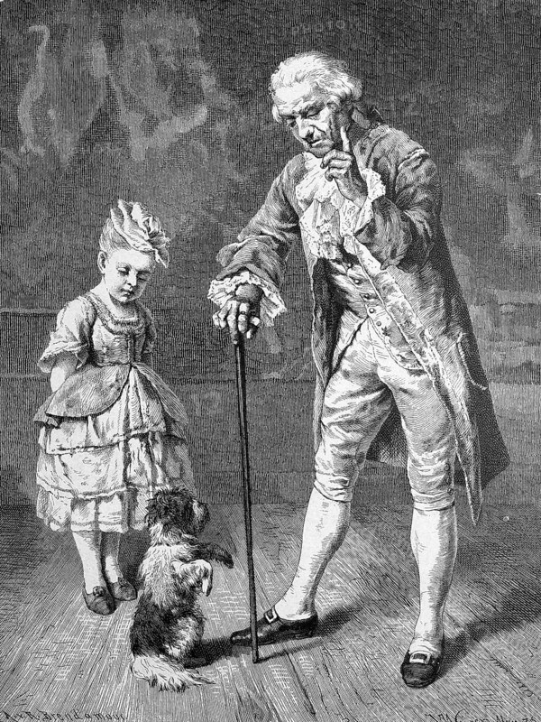The docile dog, dog makes male on command, Historical, digitally restored reproduction from a 19th century model, around 1890, Record date not stated