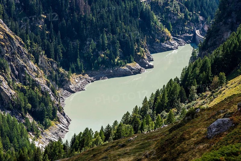 Gibidum reservoir under the Aletsch Glacier in the Massa Gorge, water reservoir, energy, tourism, Valais, Switzerland, Europe