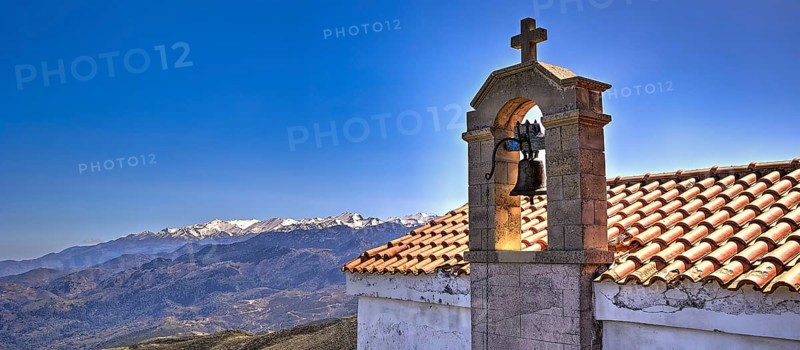 Bell tower of a church in front of a mountain panorama on a sunny day, Chapel of Agios Ioannis Prodromos, Sembronas, Lefka Ori, White Mountains, mountain massif, West, Crete, Greece, Europe