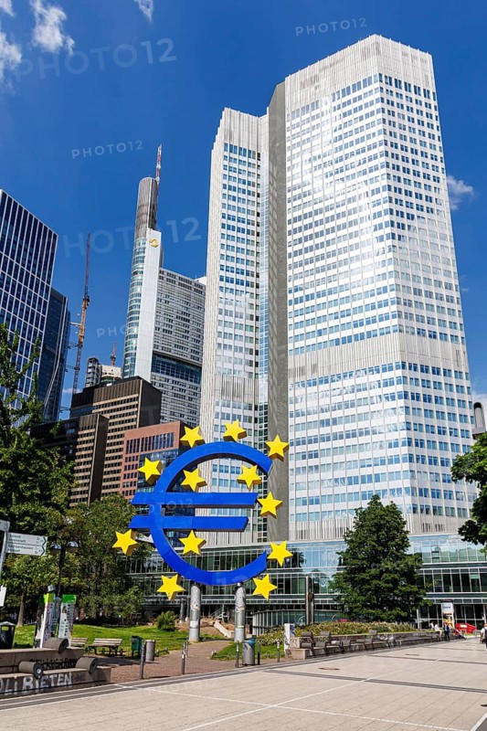 Euro sign symbolising Europe with banks High-rise buildings on Willy-Brandt-Platz in Frankfurt, Germany, Europe