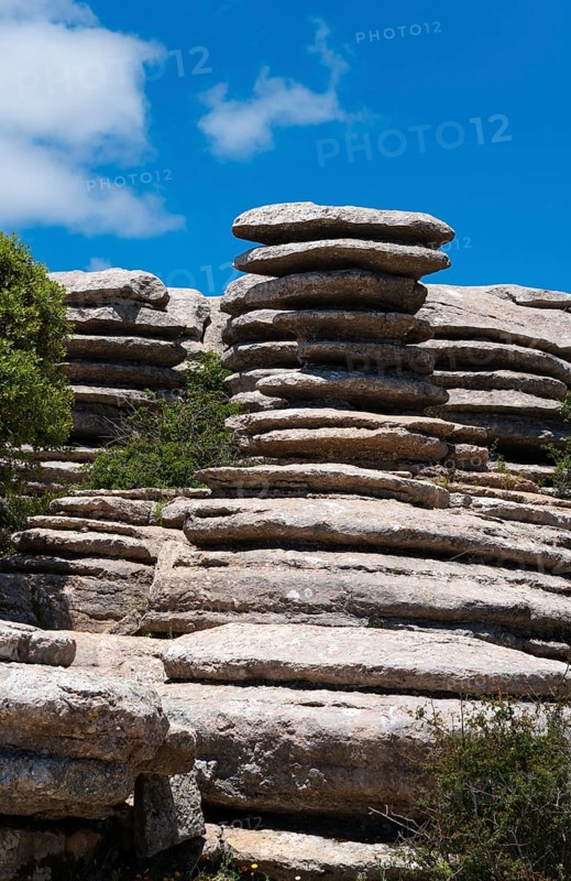 Round rock formations under a blue sky with scattered clouds and green vegetation, Karst Mountains, Torcal Alto, El Torcal de Antequera, Sierra del Torcal, Malaga, Andalusia, Spain, Europe