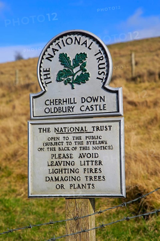 Cherhill Down Oldbury castle, National Trust sign, North Wessex Downs, Wiltshire, England, UK