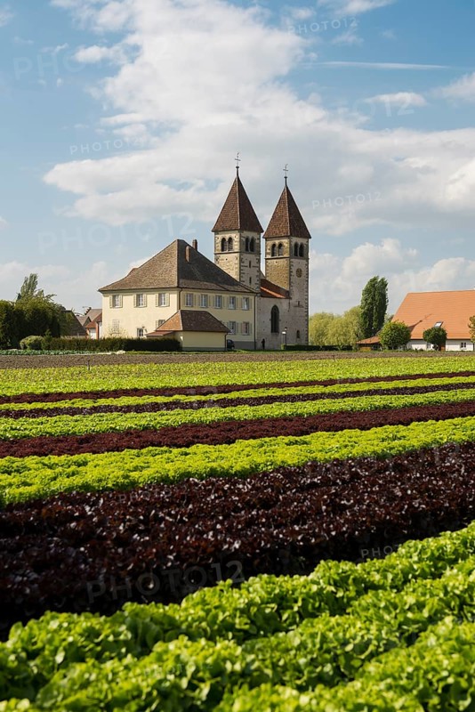 Collegiate Church of St Peter and Paul and Salad Fields, Niederzell, UNESCO World Heritage Site, Reichenau Island, Lake Constance, Baden-Württemberg, Germany, Lake Constance, Baden-Württemberg, Germany, Europe