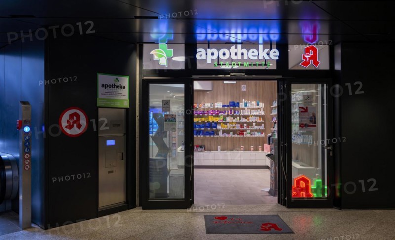 Night shot, pharmacy city centre, logo, subway, escalator, neon light, illuminated, city centre, Stuttgart, Baden-Württemberg, Germany, Europe