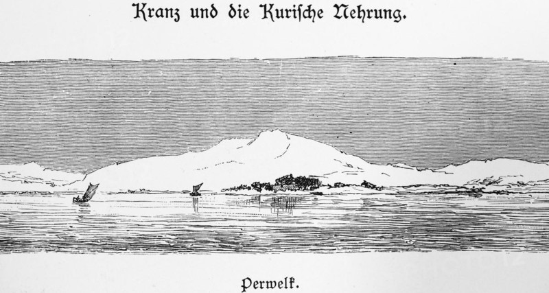 Dune landscape near Pervalka, Perwelk on the Curonian Spit, Curonian Lagoon, Baltic Sea, Lithuania, sailing boats, historical illustration 1880, Europe