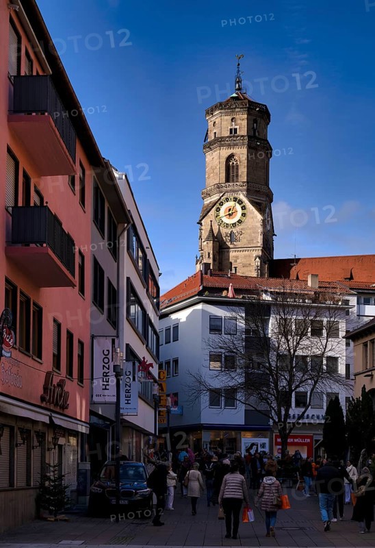 Octagonal south tower, collegiate church, city centre, shopping, Stuttgart, Baden-Württemberg, Germany, Europe