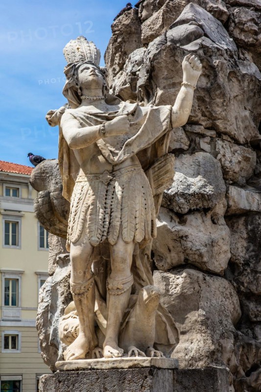 Fontana dei quattro continenti, Fountain of the Four Continents, Giovanni Mazzoleni, 1750, Piazza Unità d'Italia in the heart of the city, surrounded on three sides by magnificent neoclassical buildings, Trieste, harbour city on the Adriatic, Friuli, Italy, Trieste, Friuli, Italy, Europe