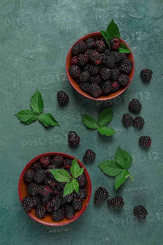 Two bowls, fresh, ripe blackberries, with leaves, top view, no people