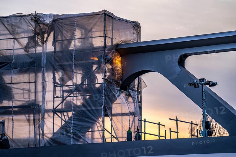 Welding work, during the construction of a 480 metre long bridge for the new U81 light rail line, over the Nordsternkreuz, over the A44 and the B8 at Düsseldorf Airport, the bridge sections are moved on 5 piers using the incremental launching method after assembly, North Rhine-Westphalia, Germany, Europe