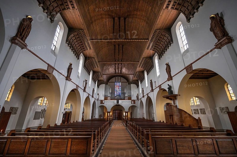 Interior with wooden vault and organ loft of St Otto's Church, built from 1912 to 1914 in Art Nouveau style, Siechenstraße 61, Bamberg, Upper Franconia, Bavaria, Germany, Europe