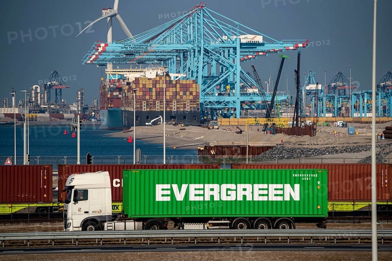 The seaport of Rotterdam, Netherlands, deep-sea harbour Maasvlakte 2, on an artificial land area off the original coast, APM Container Terminal, in front the MSC MELATILDE, behind it the MAASTRICHT MAERSK container ship, being loaded/unloaded, Rotterdam, Netherlands