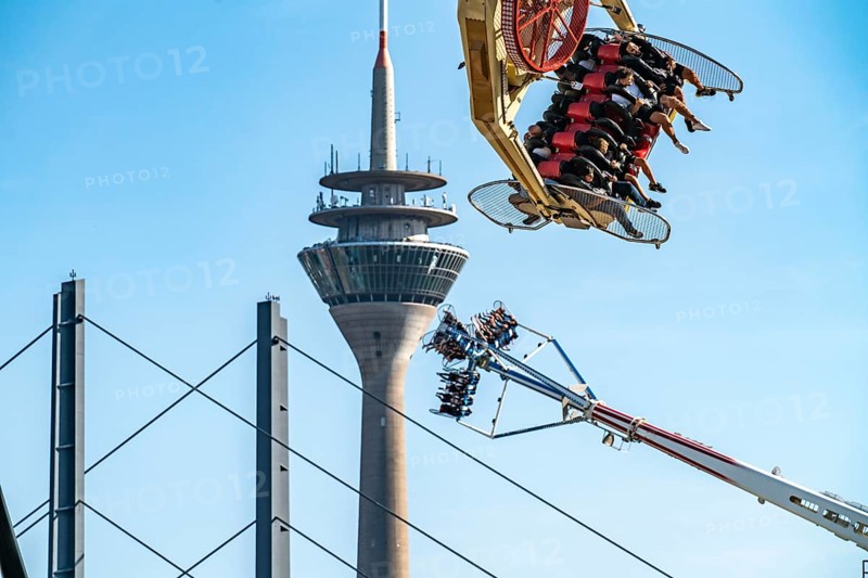 The Rhine Fair in Düsseldorf, in the Rhine meadows in the Oberkassel district, on the Rhine, North Rhine-Westphalia, Germany, Rhine Tower, Europe