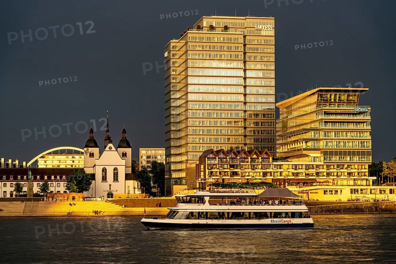 Kennedyufer in Cologne Deutz, on the Rhine, Old St Heribert Church, Lanxess Tower, administration building, arch of the Lanxess Arena, Cologne, North Rhine-Westphalia, Germany, Europe