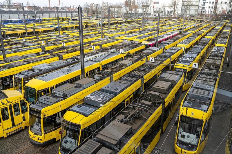 Warning strikes in local public transport, Ruhrbahn trams at the depot, VERDI union members on strike, no trains running, Essen, North Rhine-Westphalia, Germany, Europe