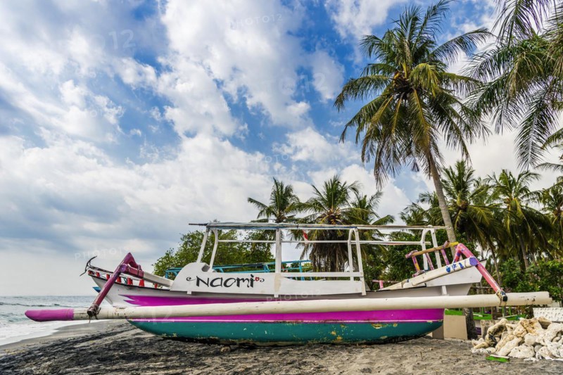 Fishing boat at Magsit beach in Sengiggi, boat, wooden boat, palm beach, travel, tourism, traditional, seafaring, sea, beach, fisherman, ship, painted, colourful, colourful, water, palm, ocean, island, coast, tropical, tropics, old, rotten, morbid, culture, tradition, Lombok, Indonesia, Asia