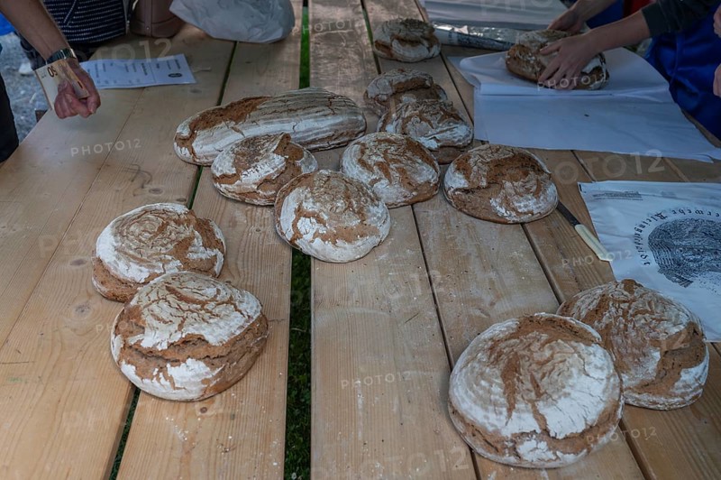 Sale of freshly baked wood-fired bread at a baking oven festival in Franconia, Bavaria, Germany, Europe