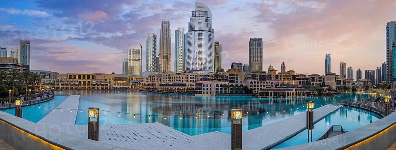 UAE, Dubai panoramic view of city downtown, Dubai Mall and Dubai Fountain