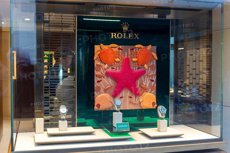 Rolex shop window display, Robert Gatward jewellers, Ipswich, Suffolk, England, UK