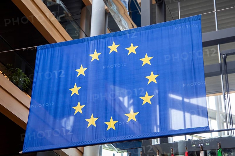 Flag of the European Union in the EU Parliament in Strasbourg
