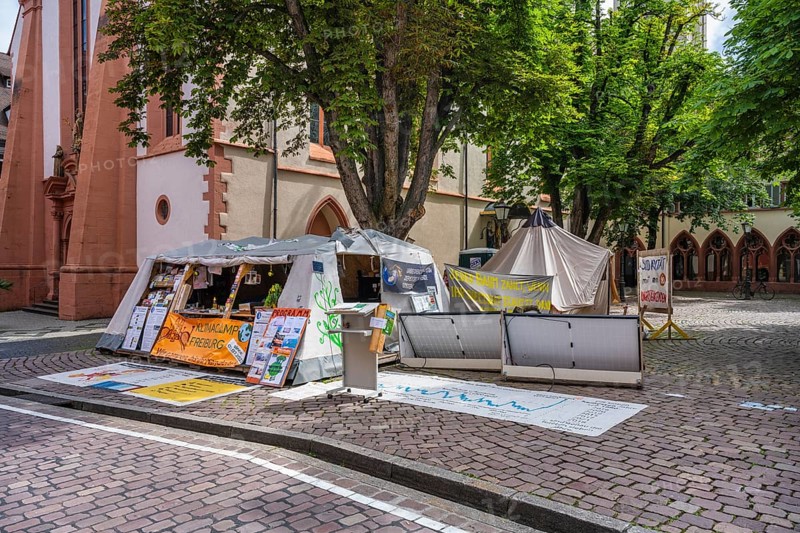 Tent set up by climate activists, called climate camp on Freiburg's town hall square in the historic city centre of Freiburg im Breisgau, Baden-Württemberg, Germany, Europe