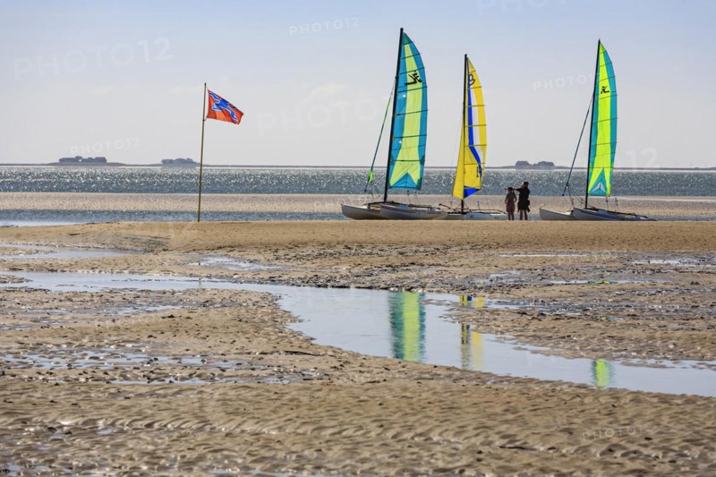 Small sailing boats on the beach, catamaran, behind Halligen, backlight, sunny, summer, North Sea island Föhr, Schleswig-Holstein, Germany, Europe