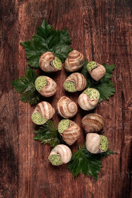Snails stuffed in Burgundy, top view, with grape leaves, French cuisine, no people