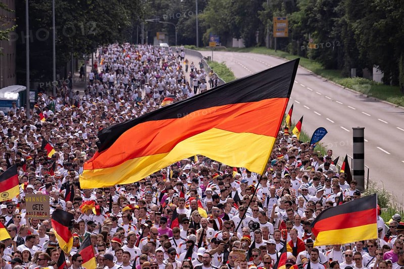 Fan march, German football fans march to the quarter-final Spain versus Germany, UEFA EURO 2024, European Championship, flags, sea of flags, atmosphere, atmospheric, fan club DFB, German Football Association, B14, Cannstatter Straße, Stuttgart, Baden-Württemberg, Germany, Europe