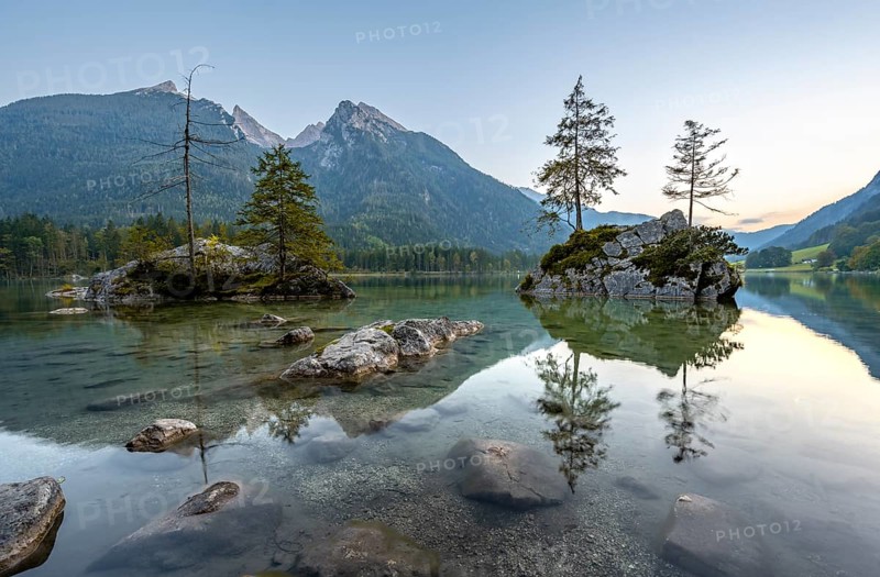 Hochkalter reflected in Hintersee, at sunset, Berchtesgaden National Park, Ramsau, Upper Bavaria, Bavaria, Germany, Europe