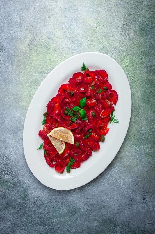 Salmon gravlax with beetroot, Scandinavian snack, beet gravlax, lightly salted fish, homemade, no people