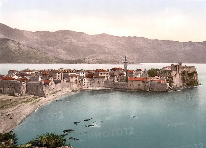 Budua, today Budva, general view, Dalmatia, now Montenegro, Austro-Hungary, digitally restored reproduction from a 19th century original, record date not stated, now Budva general view, Dalmatia, now Montenegro, Austro-Hungary, digitally restored reproduction from a 19th century original, record date not stated