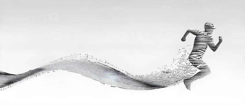 Wave of data points shaping into a runners silhouette, abstract illustration in black and white, conveying speed and precision guided by AI, AI generated