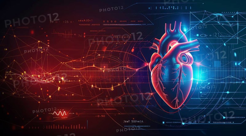 Concept of technology and innovation in health and heart research. Heart health monitoring, AI generated
