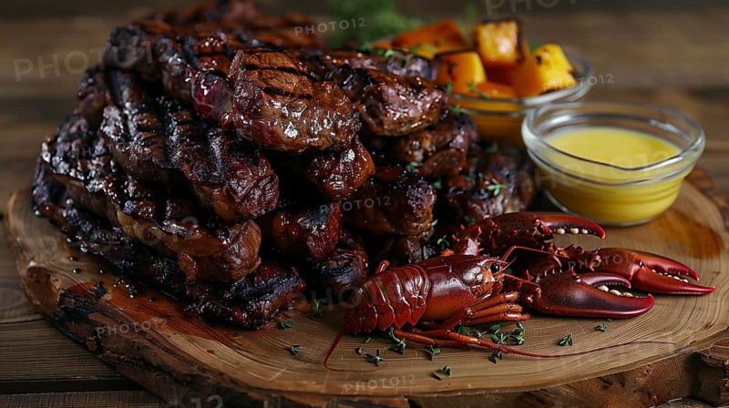Steak and lobster platter. generative AI, AI generated