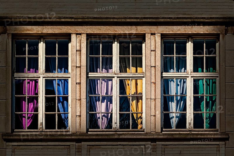 Window with curtains in primary colours, colour design, printing colours, colour, colourful, curtain, facade, window facade, mullioned window, colour circle, colour scheme, different, living, house, apartment building, graphic, texture, design, decoration, fabric, fabrics, textiles, Bruges, Belgium, Europe