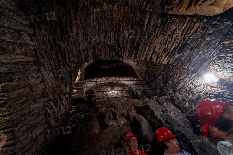Wheel room of the Unverhofft Segen Gottes Erbstolln in Oberschöna, where there is a 13 metre high and 2.5 metre wide vault, in which a water wheel was operated in the 18th century, which kept the pumps running at a depth of 70 metres, 19th Day of the Mining and Metallurgy Exhibition in the District of Central Saxony, Oberschöna, Saxony, Germany, Europe
