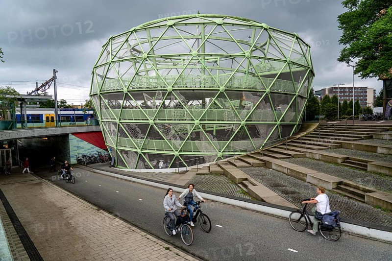 The Fiestappel, bicycle car park for over 900 bicycles, in a stylised apple shape, in Alphen aan den Rijn, directly at the railway and bus station, as well as on a central cycle path, Netherlands