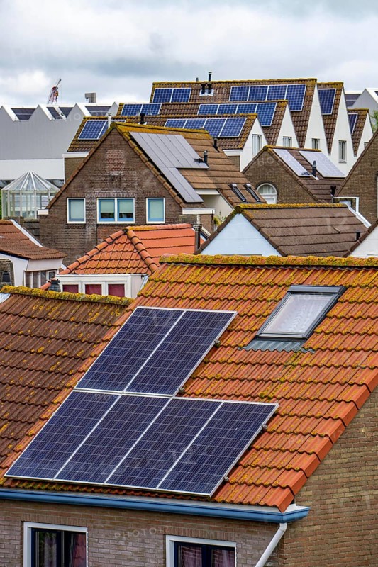 Solar modules on roofs, on pitched roofs of residential buildings, Vlissingen, Netherlands