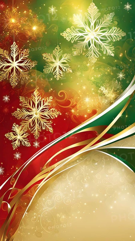 Abstract wallpaper illustration of Christmas symbols for gift cards, swirling shapes and lines, in red green and golden colors, AI generated