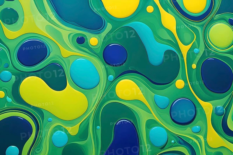 Abstract wallpaper with colorful blobs and liquid shapes on a green background, AI generated