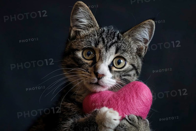 Cute tabby cat holding pink plush heart in paws on dark background. Generative Ai, AI generated